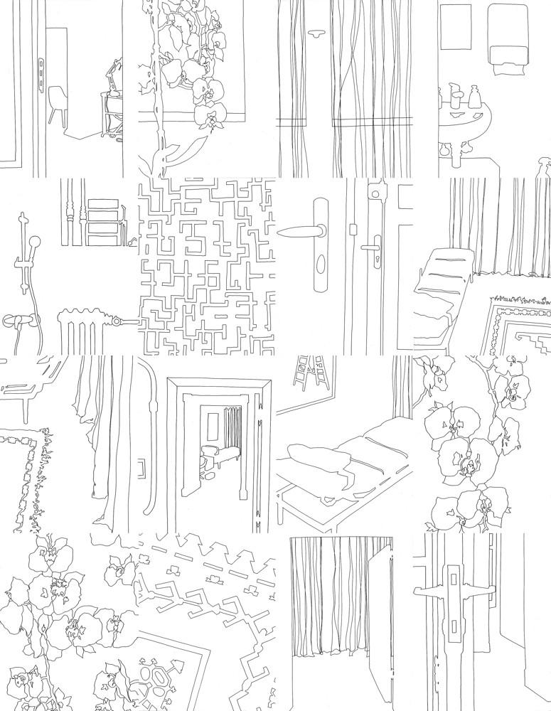 Eva Früh, Künstlerin: inner patterns, installation, auswahl aus 130 zeichnungen